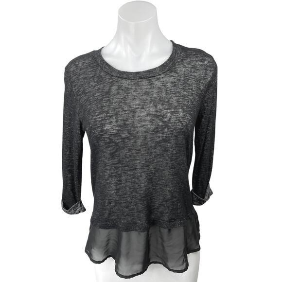 Olivia Moon Black Crew Neck Knit Satin 3/4 Sleeve Peplum Shirt Blouse Top Size S - Picture 1 of 6